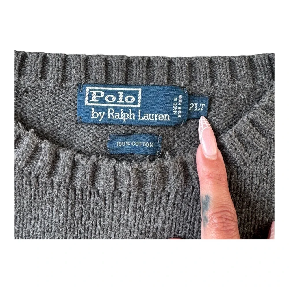 Vintage 90s Polo Ralph Lauren 2LT Gray Cotton Sweater Purple Pony Hong Kong Made
